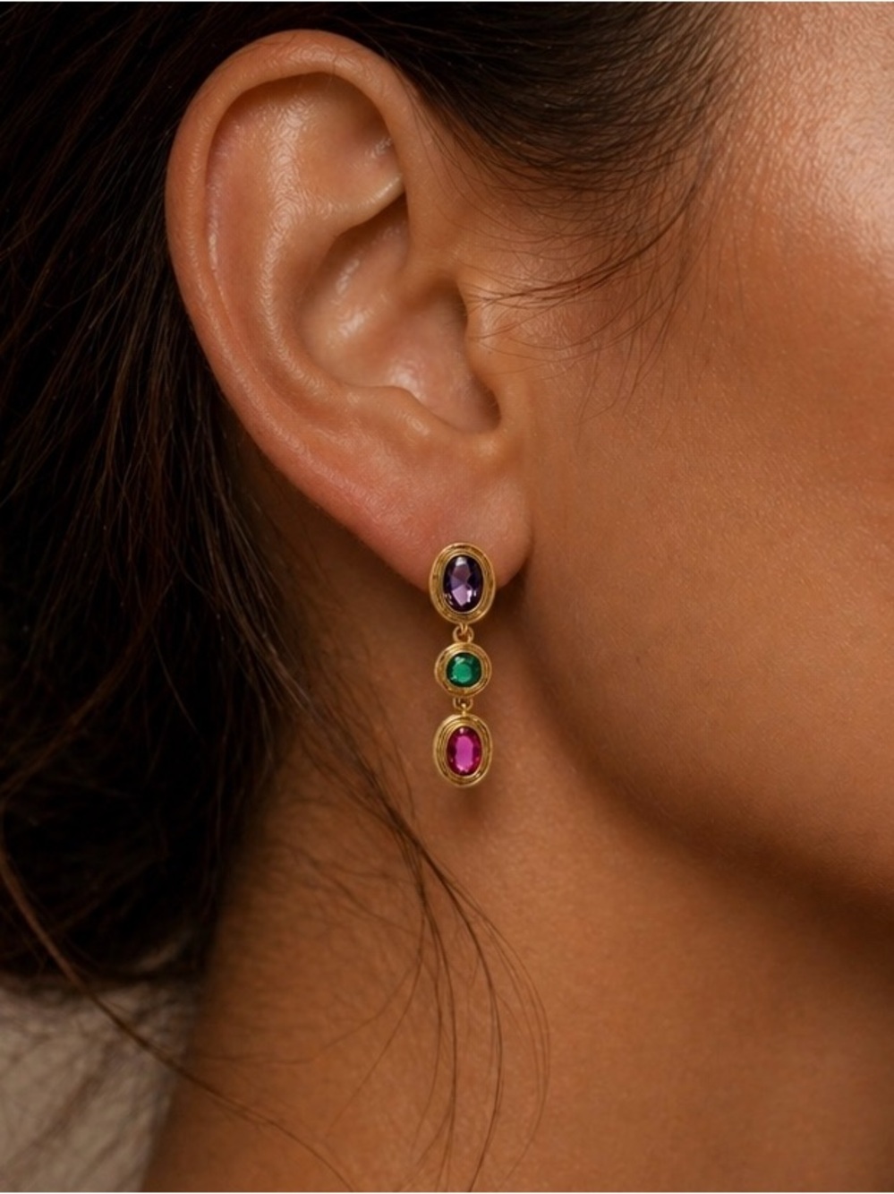 Gold Multi-Gem PVD Drop Earrings - Purple, Green & Pink - Picture 3 of 3